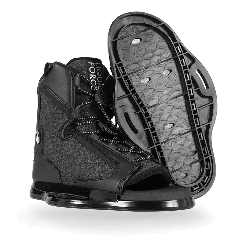 A pair of Liquid Force 2024 Index 6R wakeboard boots featuring a comfort liner and impact EVA, showcased on a sleek black background.