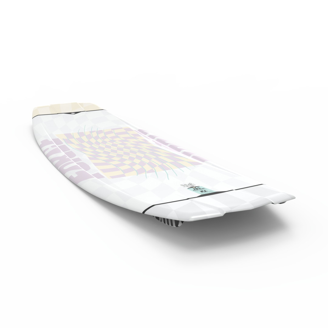A user-friendly Liquid Force 2024 M.E. Wakeboard description featuring a white and purple surfboard on a white surface. This description also incorporates keywords for SEO optimization.