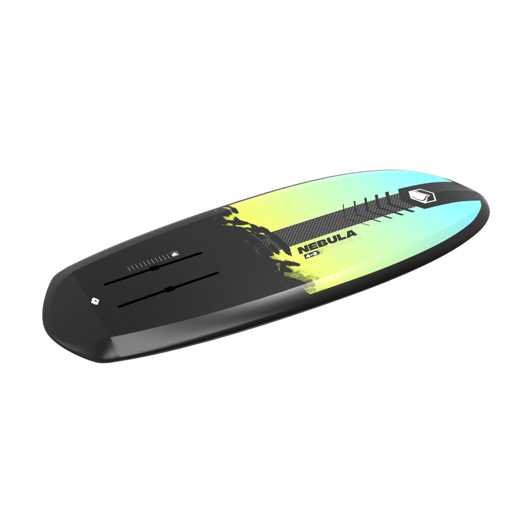 A Liquid Force 2024 Nebula Foil Board with DuraSurf construction, featuring striking black and yellow chine rails, set against a clean white background.