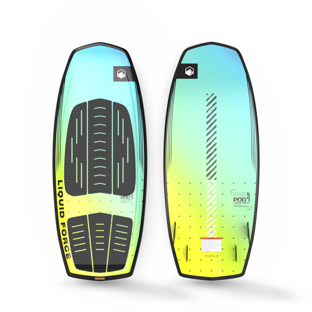An all-around Liquid Force 2024 Pod Wakesurf Board with a yellow and blue design.