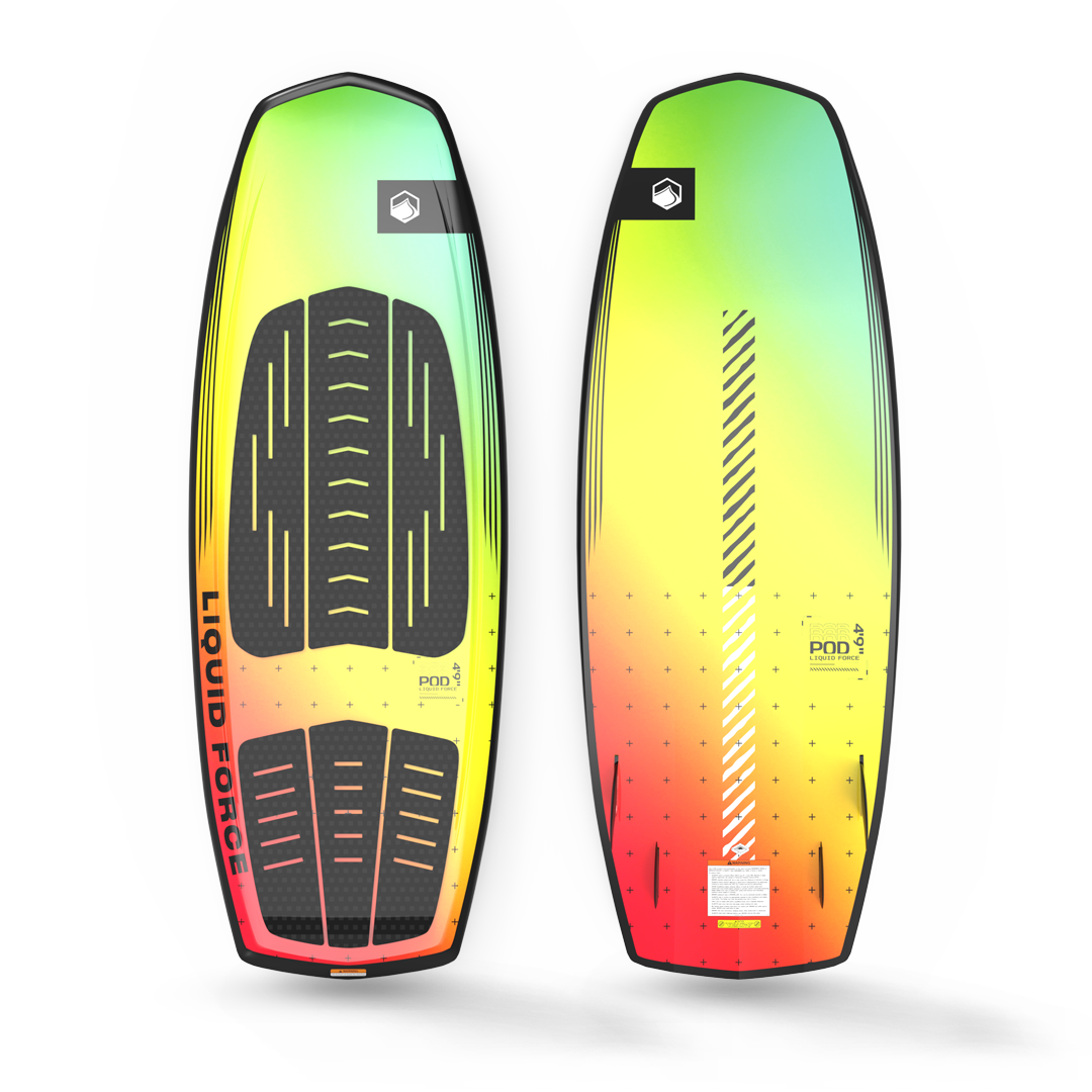 An all-around Liquid Force 2024 Pod Wakesurf Board with a colorful design, offering high performance at an affordable price.