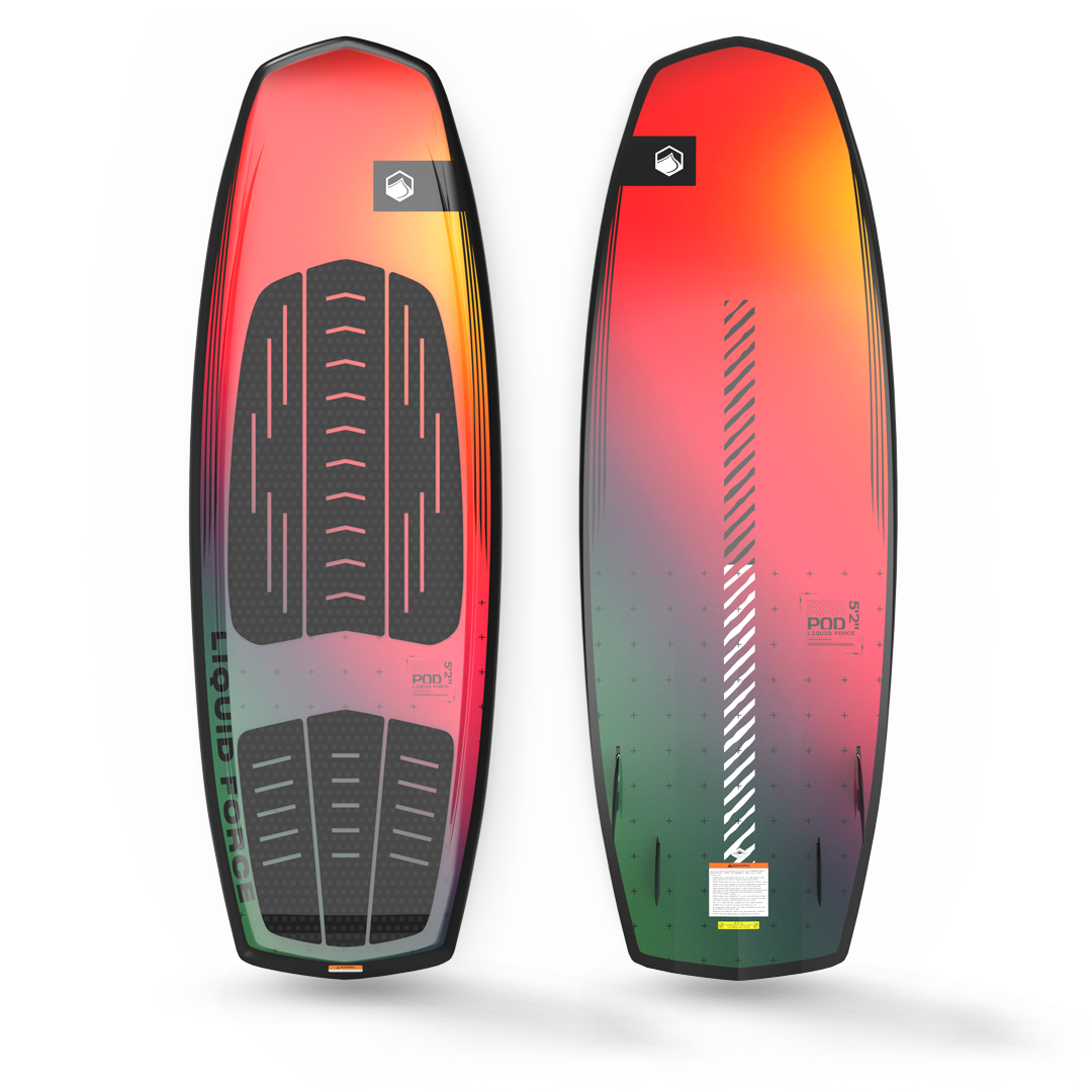 An all-around Liquid Force 2024 Pod Wakesurf Board with an orange and red design.