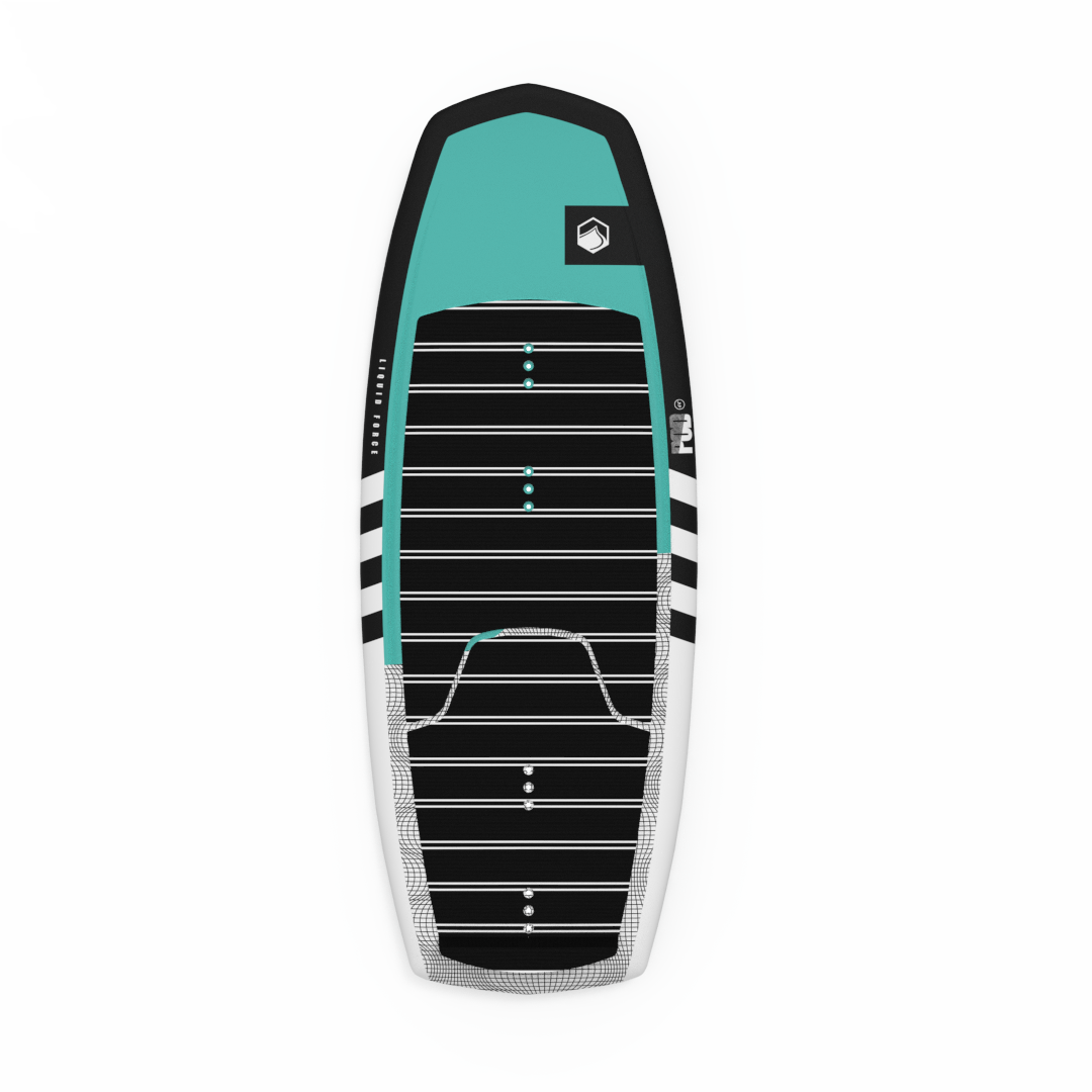 A Liquid Force 2024 Pod Foil Board with black and turquoise stripes designed for surf enthusiasts.