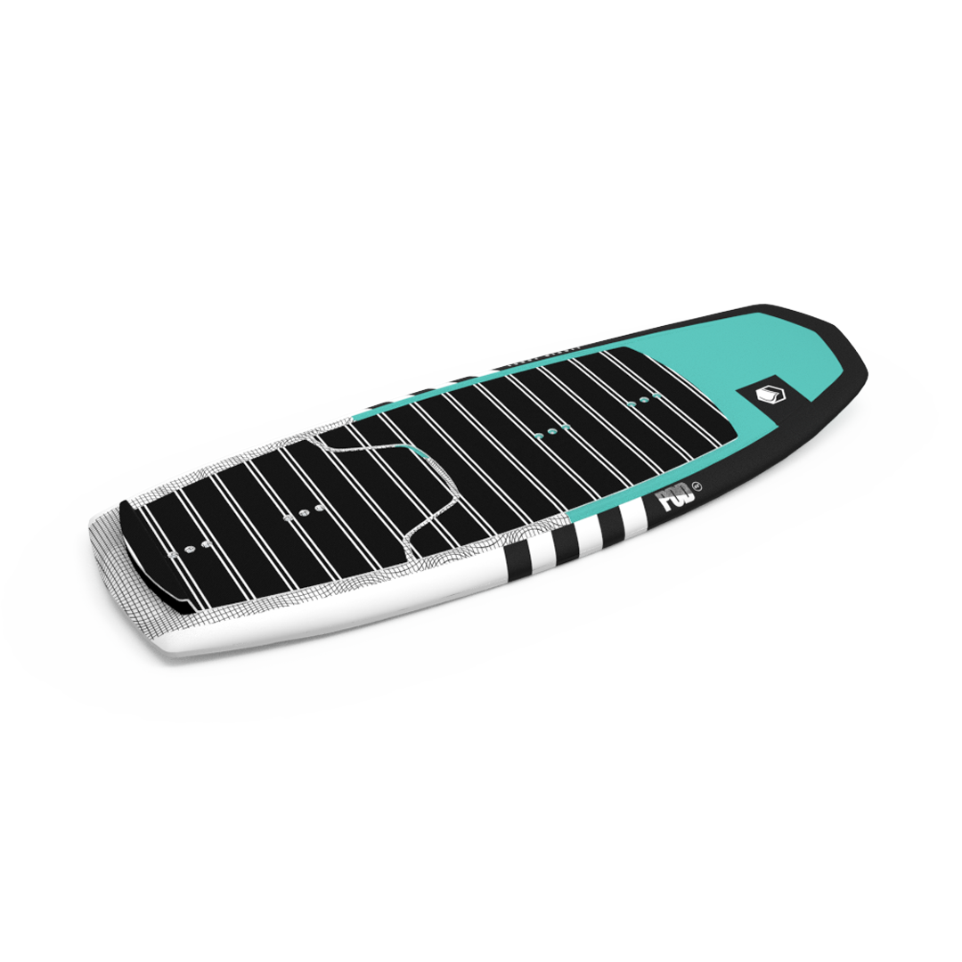 A white surface with a Liquid Force 2024 Pod Foil Board and surf.