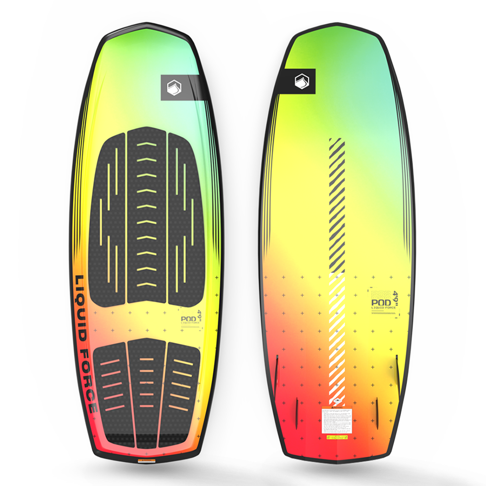 An all-around Liquid Force 2024 Pod Wakesurf Board with a colorful design.