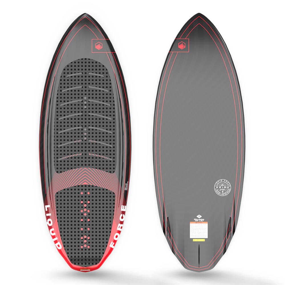 A black and red Liquid Force 2023 Primo Wakesurf Board (w/ Straps) featuring Dura-Surf technology and Primo foot straps is shown on a white background.