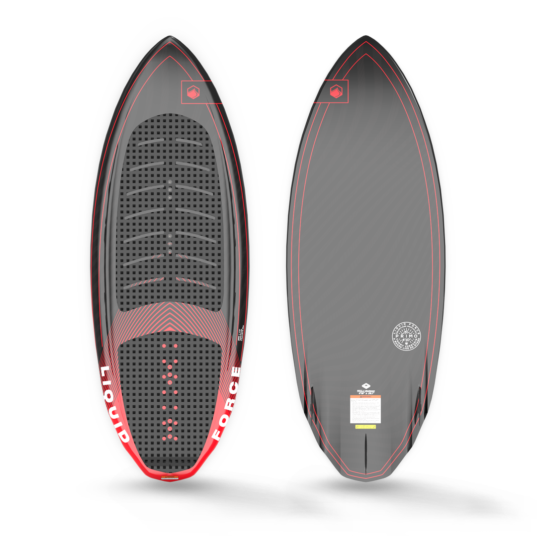 A black and red Liquid Force 2023 Primo Wakesurf Board (w/ Straps) with foot straps on a white background.