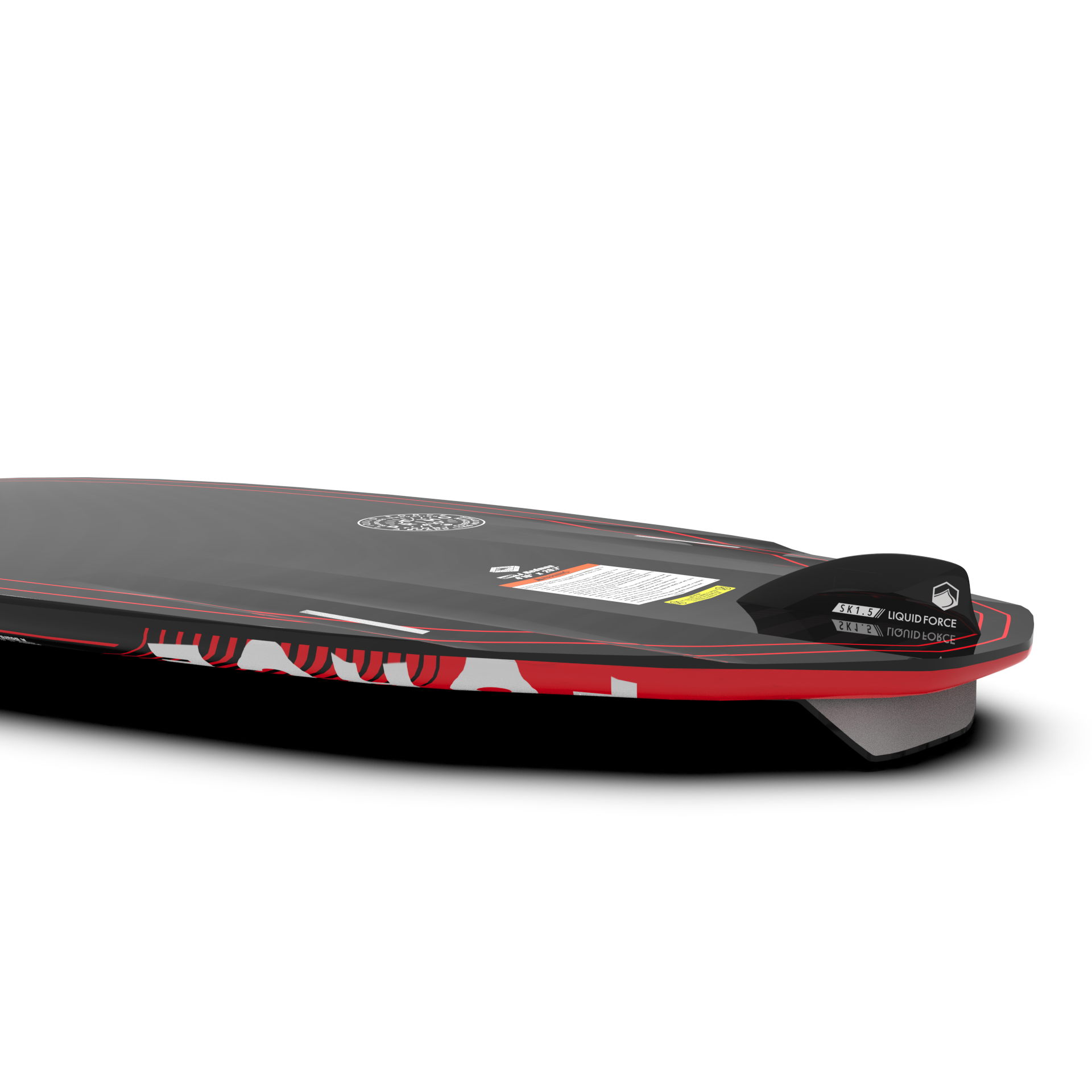 A black and red Liquid Force 2023 Primo Wakesurf Board with foot straps on a white surface.