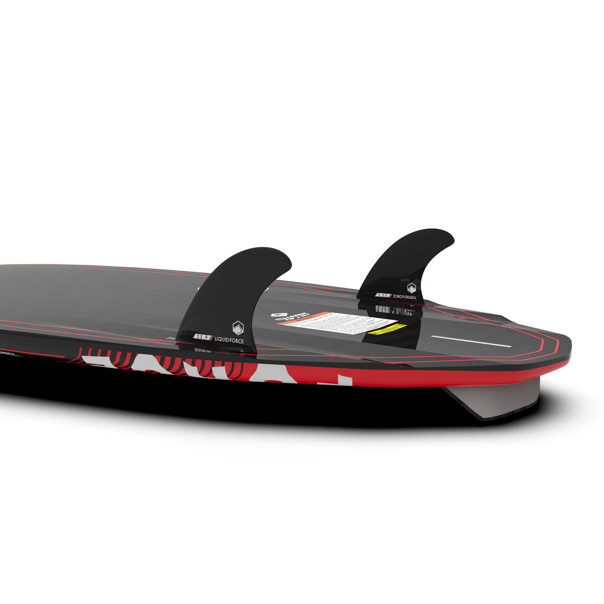 A red and black Liquid Force 2023 Primo Wakesurf Board (w/ Straps) on a white surface.