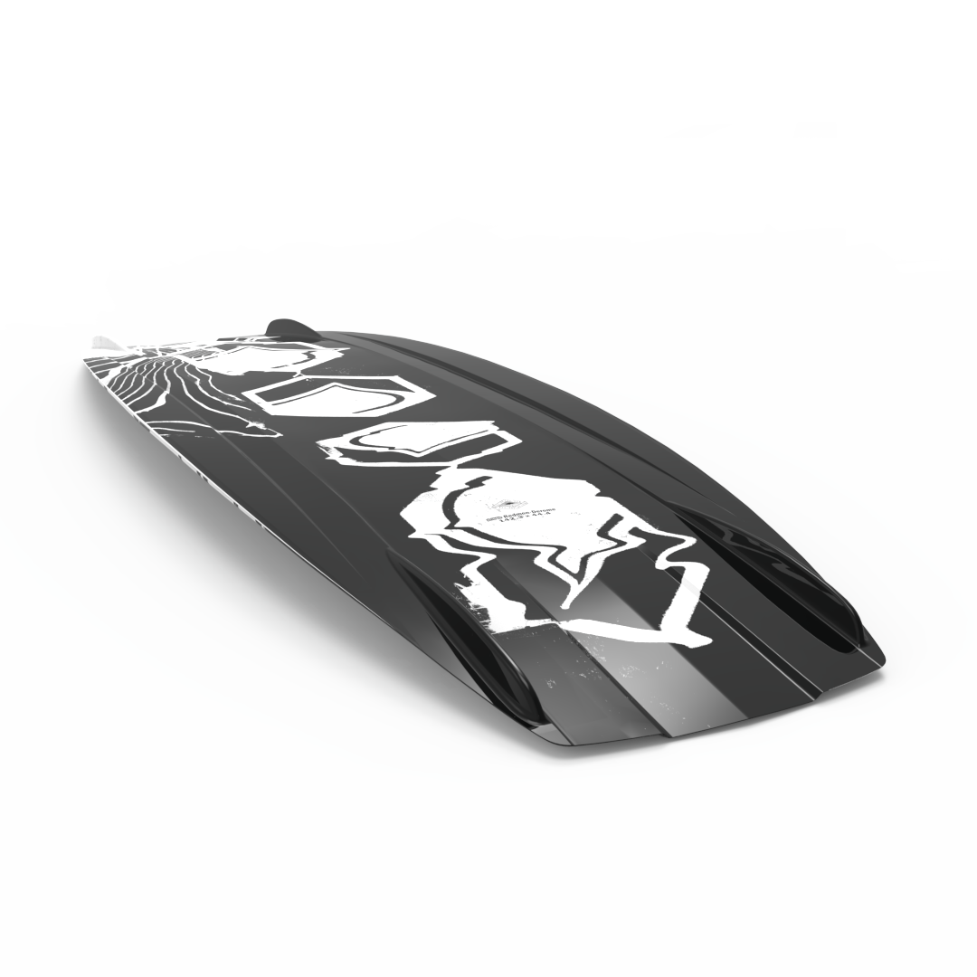 A black and white Liquid Force 2024 RDX Wakeboard with a smooth ride and quad molded-in fins.