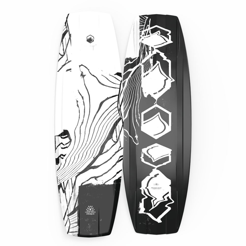 A smooth Liquid Force 2024 RDX wakeboard with quad molded-in fins for a controlled ride.
