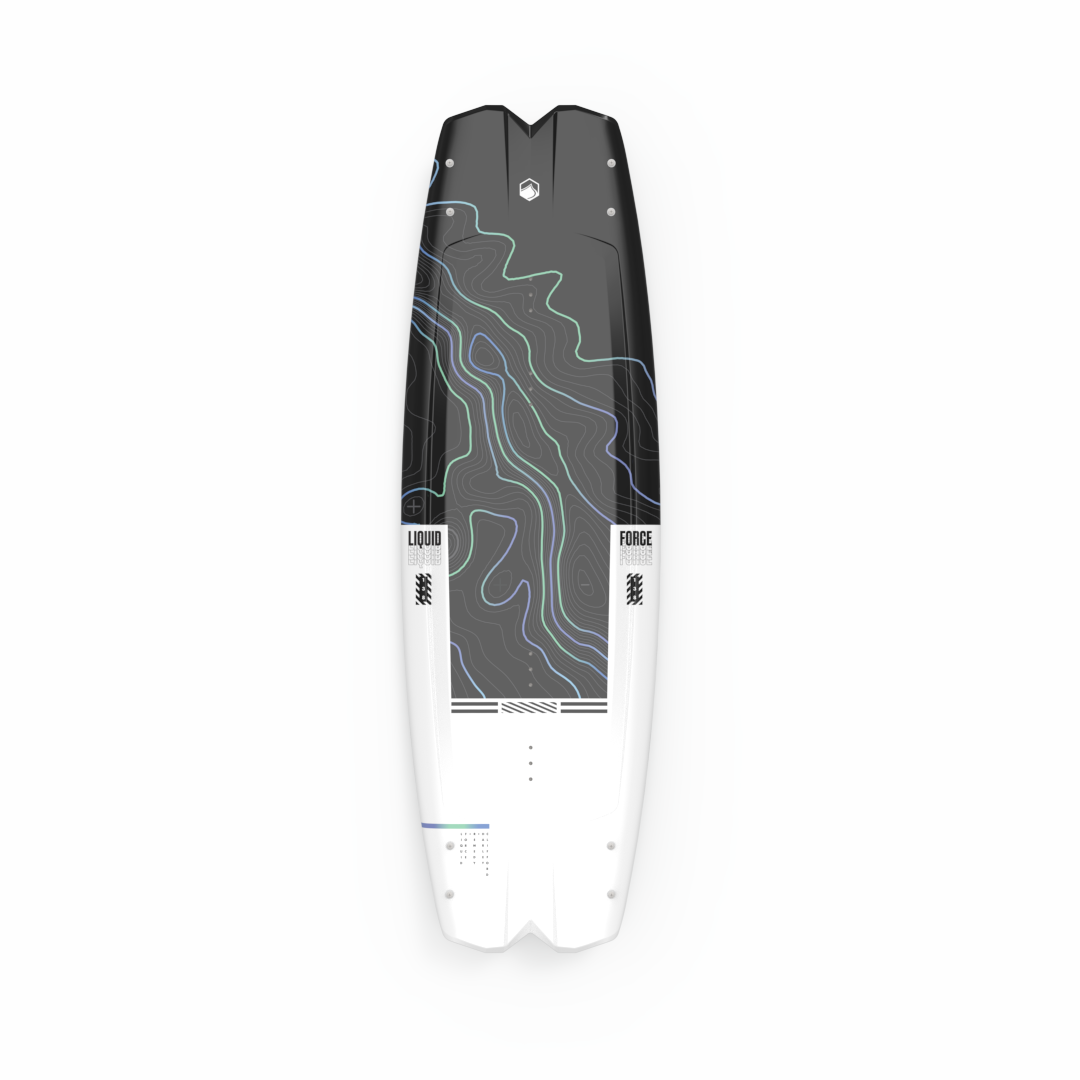 A Liquid Force 2024 Remedy Wakeboard with Quad Channels and a 3-Stage Rocker on a white surface.
