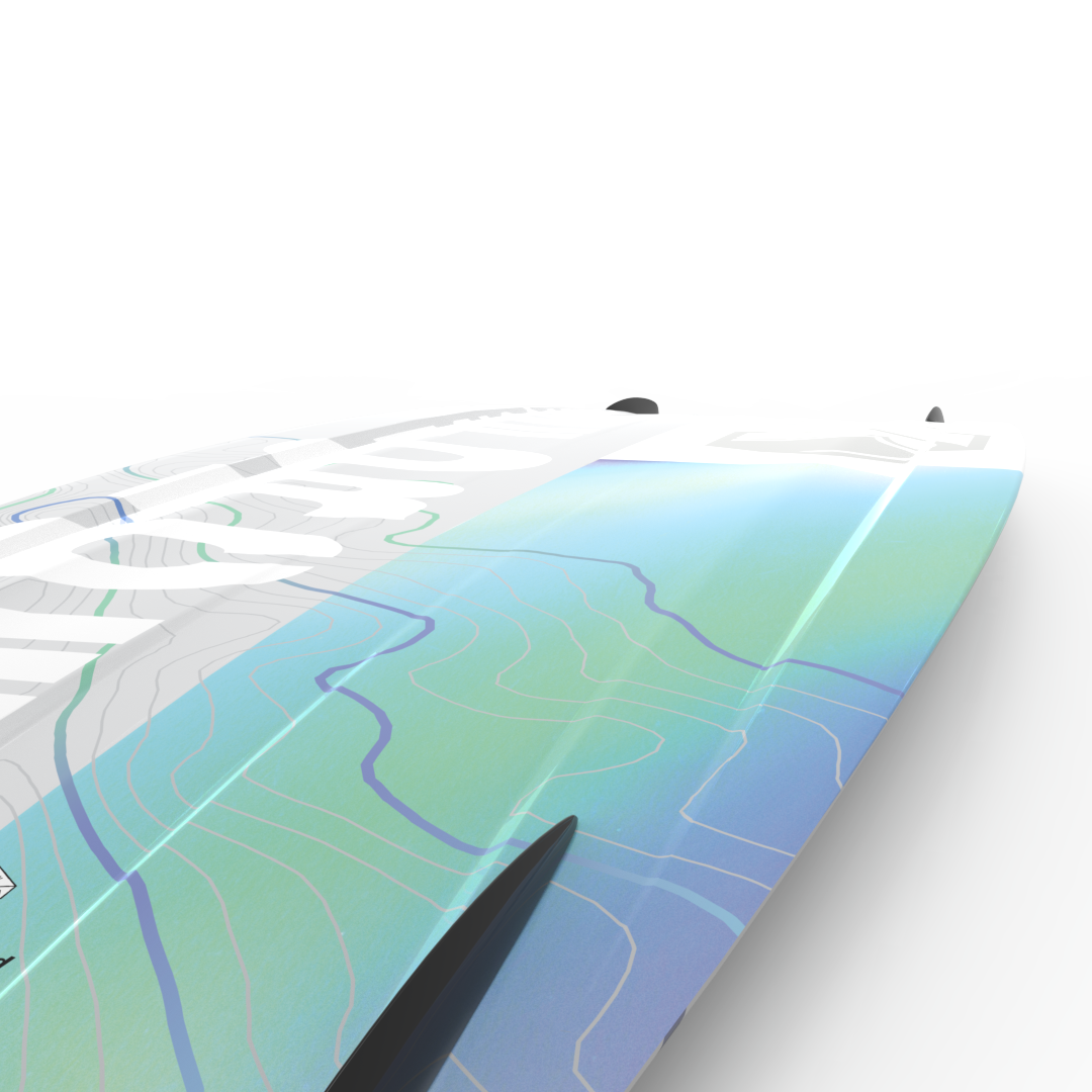A lightweight 3D model of a surfboard with a map on it, inspired by Liquid Force's Remedy Aero Wakeboard design.