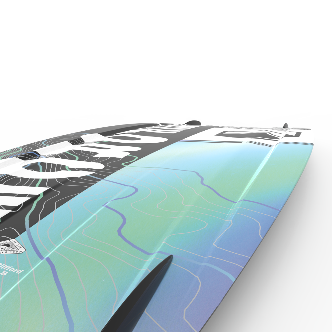 A Liquid Force 2024 Remedy Wakeboard with Quad Channels and a design on it.