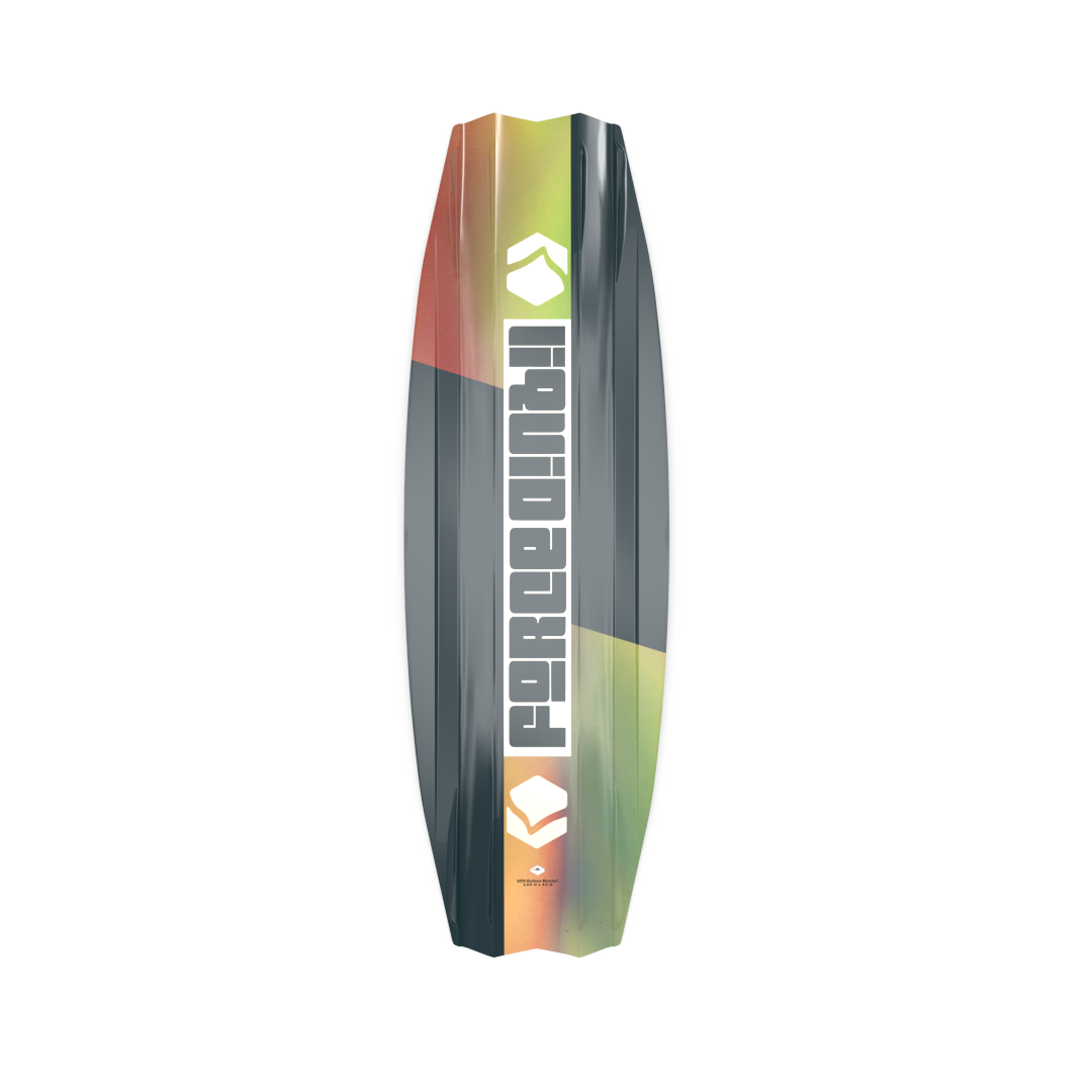 A Liquid Force 2023 Rhyme Wakeboard with a colorful logo on it, perfect for wakeboarders looking for a boat board with a 3-Stage Rocker.