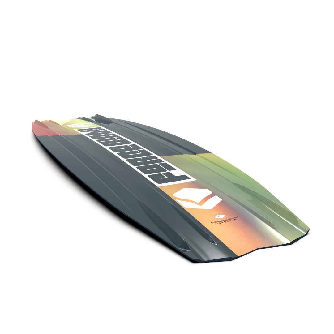 A Liquid Force 2023 Rhyme Wakeboard with a colorful design on it, ideal for wakeboarders who prefer a 3-Stage Rocker.