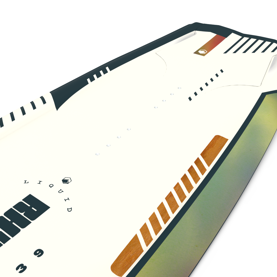 An image of a skateboard with Liquid Force's 2023 Rhyme Wakeboard design.