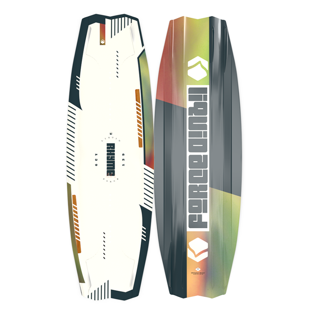 A vibrant Liquid Force 2023 Rhyme wakeboard featuring a 3-Stage Rocker perfect for boat board enthusiasts and wakeboarders alike.