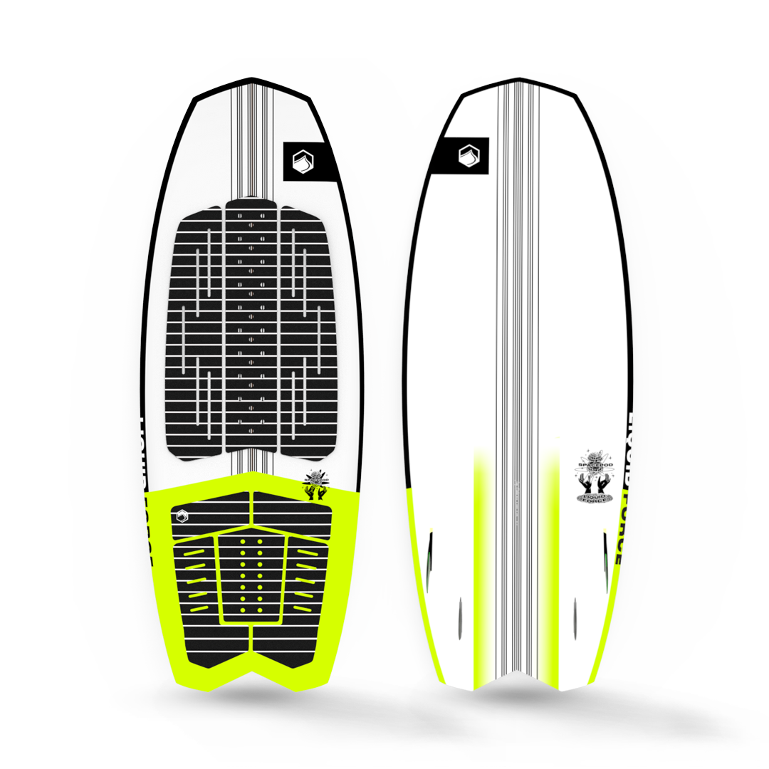 A Liquid Force 2023 Space Pod wakesurf board, showcasing exceptional maneuverability and performance against a clean white backdrop.