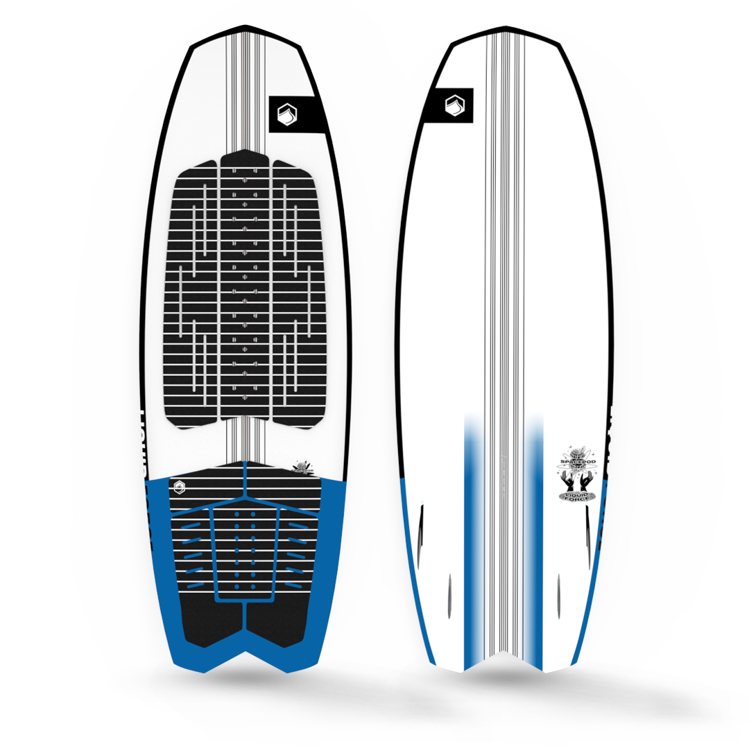 A Liquid Force 2023 Space Pod Wakesurf Board, displaying exceptional maneuverability, on a white background.