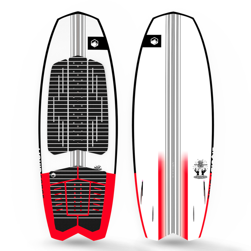 A Liquid Force 2023 Space Pod Wakesurf Board with a red stripe designed for maneuverability and performance.