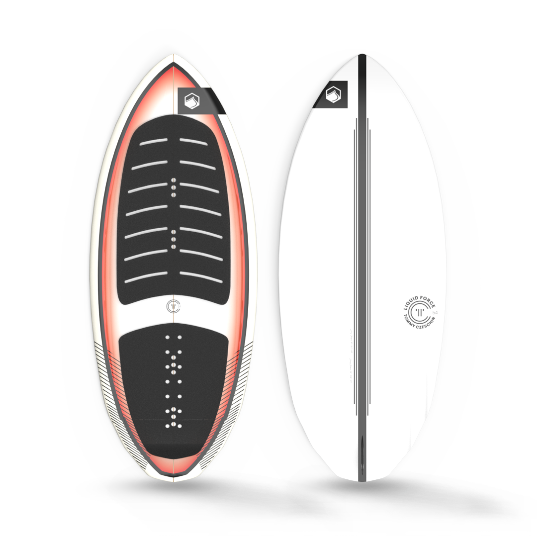 A lightweight white and black Liquid Force 2024 TC Skim Board with a bold red and black design, perfect for wakesurfing.