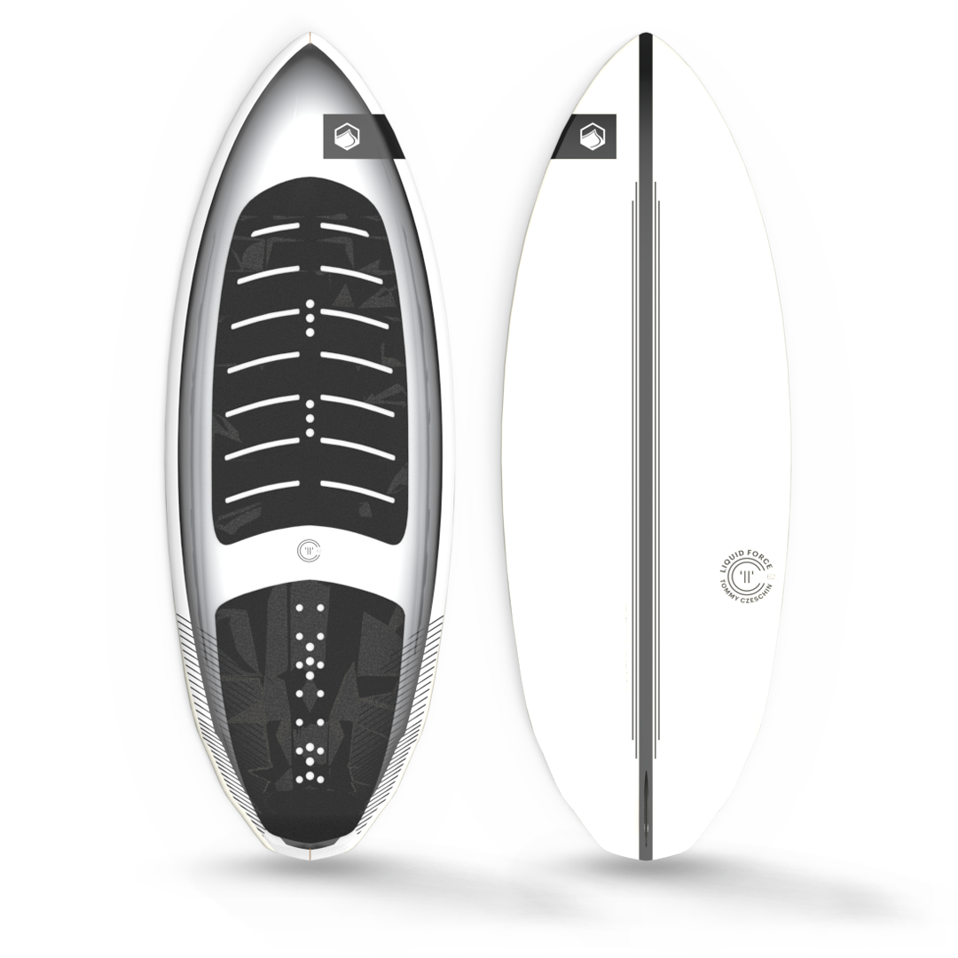 A lightweight Liquid Force surfboard with a black and white design, perfect for Liquid Force TC Skim Board and wakesurfing.