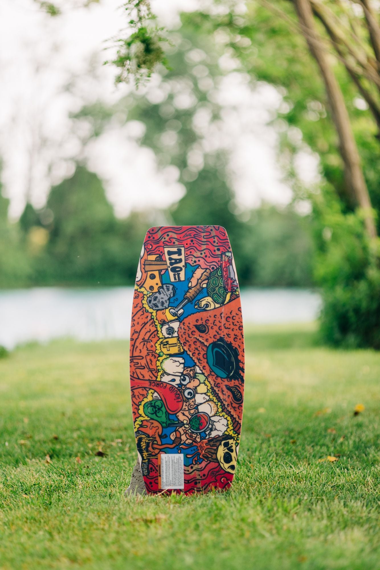 A Liquid Force 2023 Tao Wakeskate sitting in the grass next to a lake.
