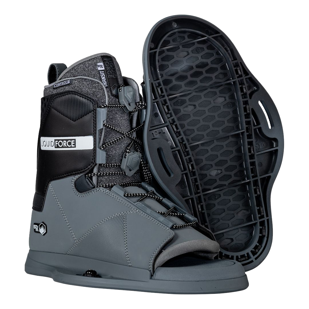 A pair of Liquid Force 2024 Transit 6R Bindings with a black sole suitable for binding.