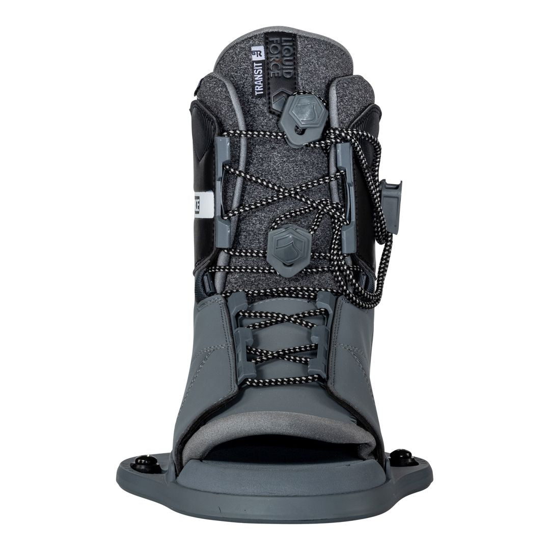 A pair of black Liquid Force boots with Liquid Force Transit 6R Bindings, perfect for wakeboarding and binding.
