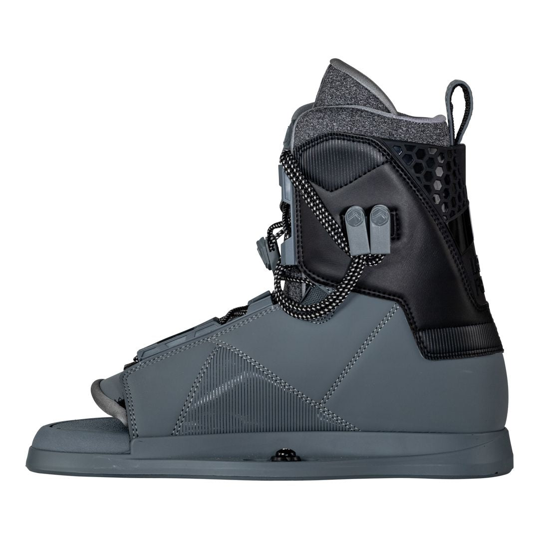 A pair of Liquid Force grey and black ski boots with Liquid Force 2024 Transit 6R bindings.