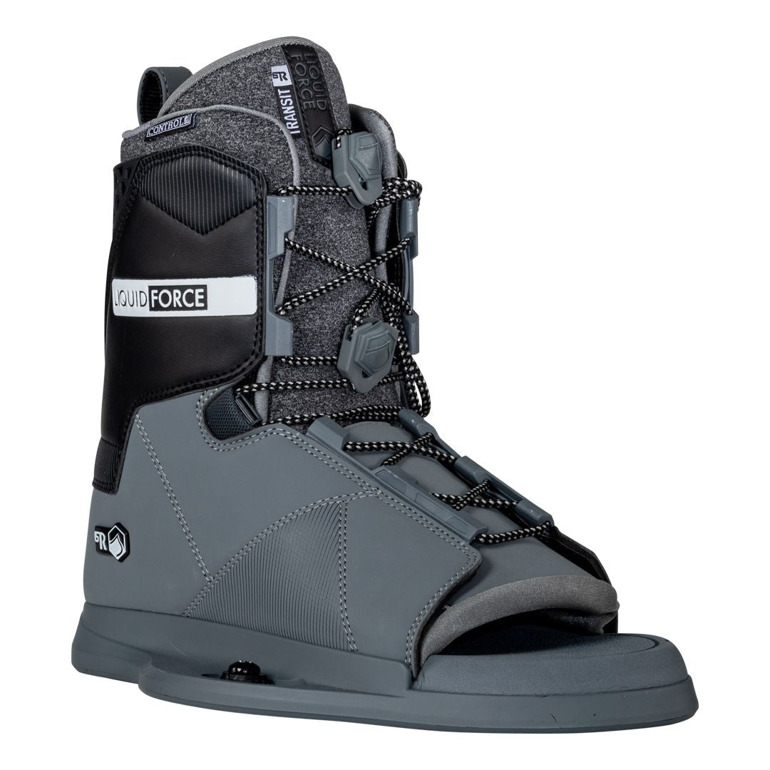 A pair of grey and black Liquid Force ski boots with Liquid Force 2024 Transit 6R Bindings.