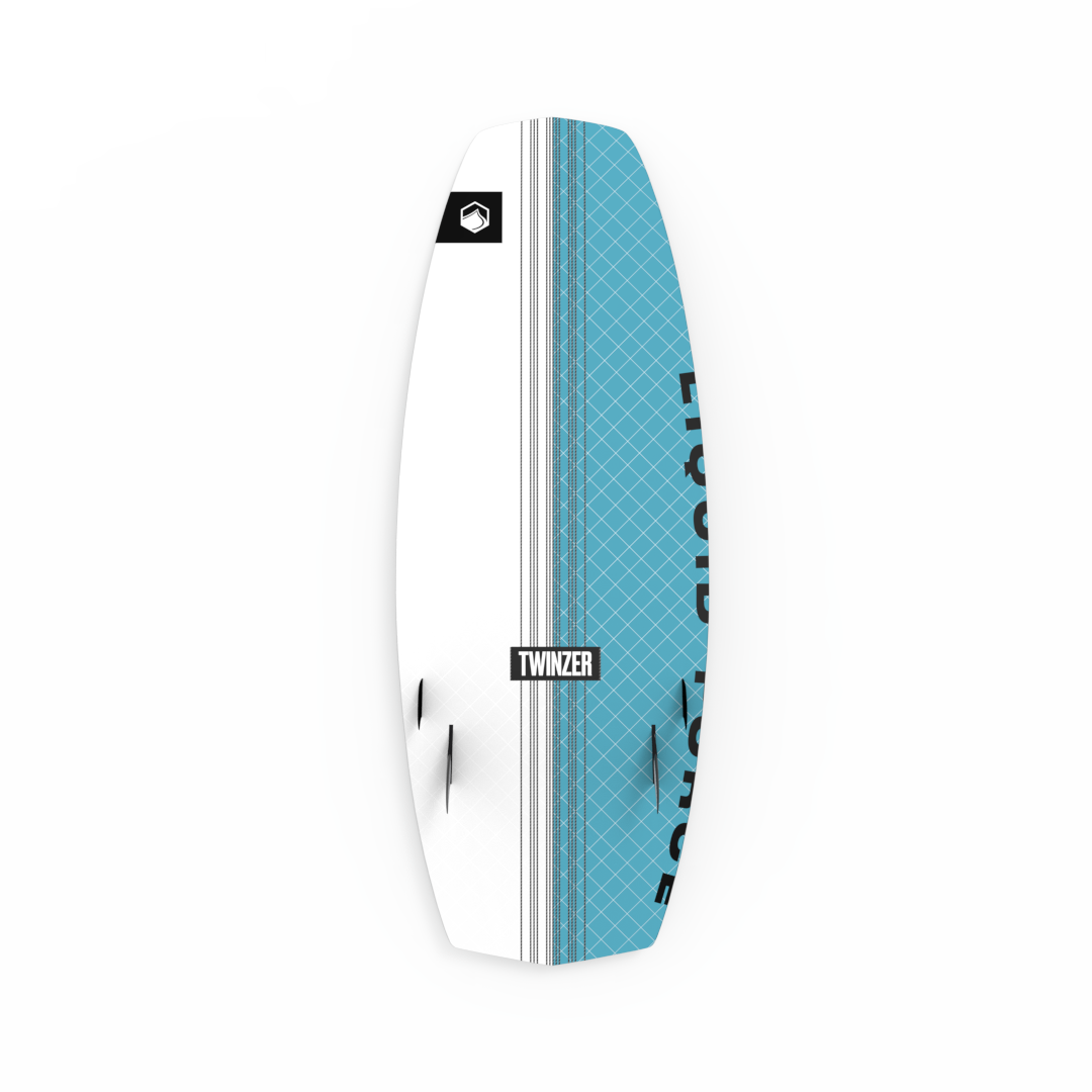 A blue and white Liquid Force 2024 Twinzer Wakesurf Board with a concave shape and Twinzer fin configuration on a white surface.