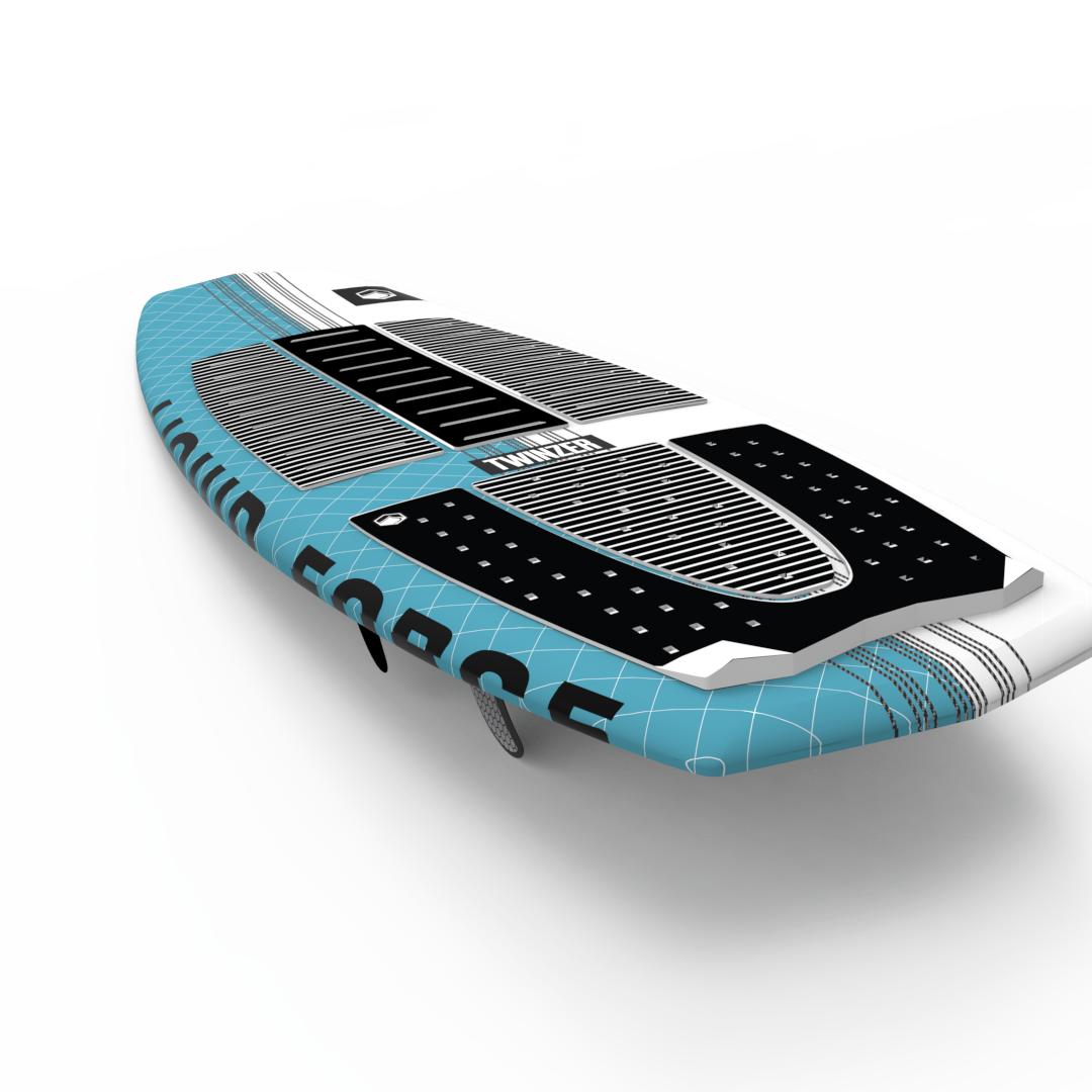 A Liquid Force 2024 Twinzer Wakesurf Board with a black and white design featuring a concave bottom.