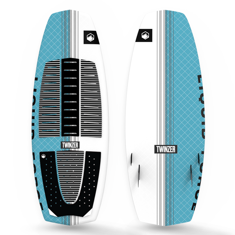A Liquid Force 2024 Twinzer Wakesurf Board with a blue and white design.