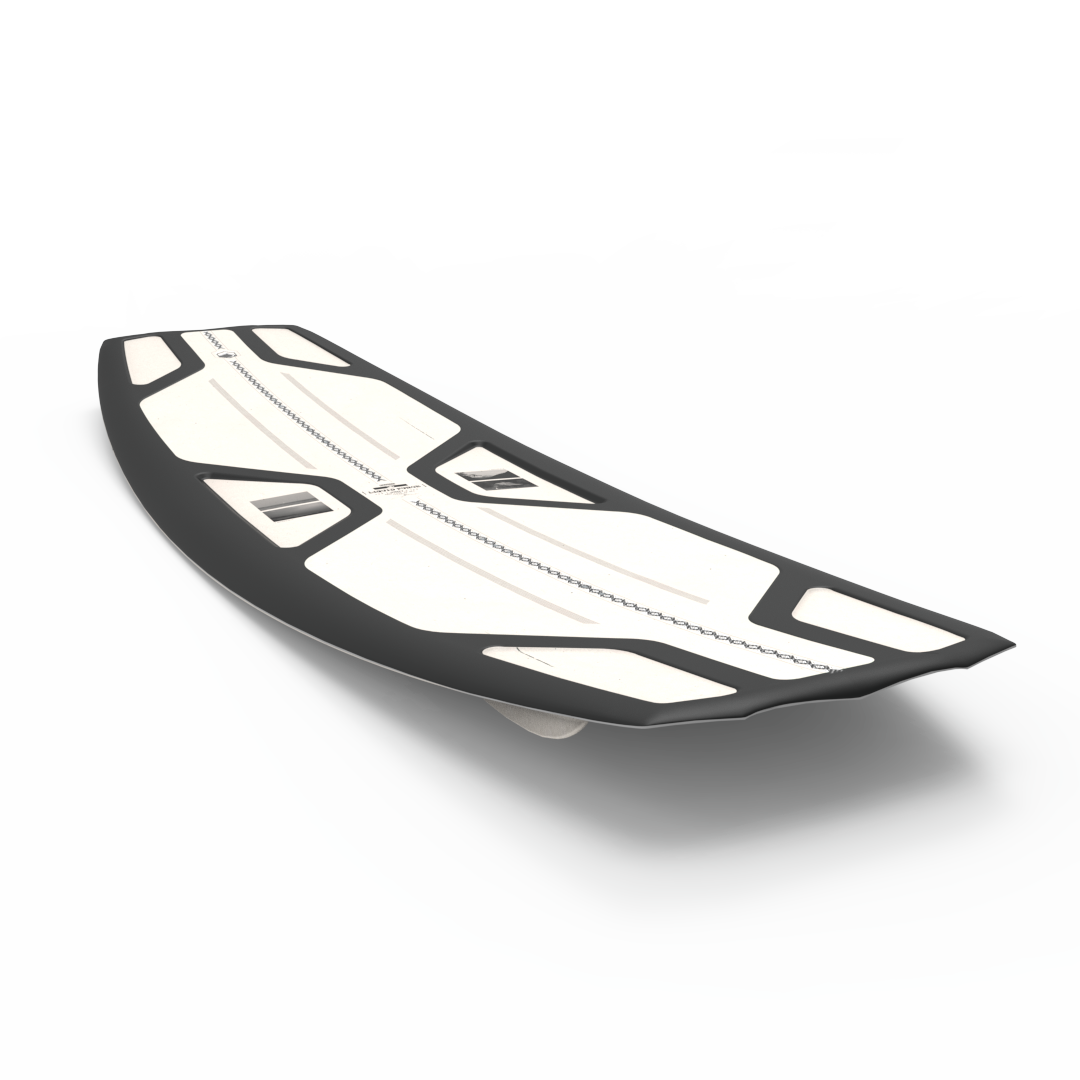 A white and black Liquid Force 2023 Unity Aero Wakeboard featuring aggressive continuous rocker on a lightweight performance.