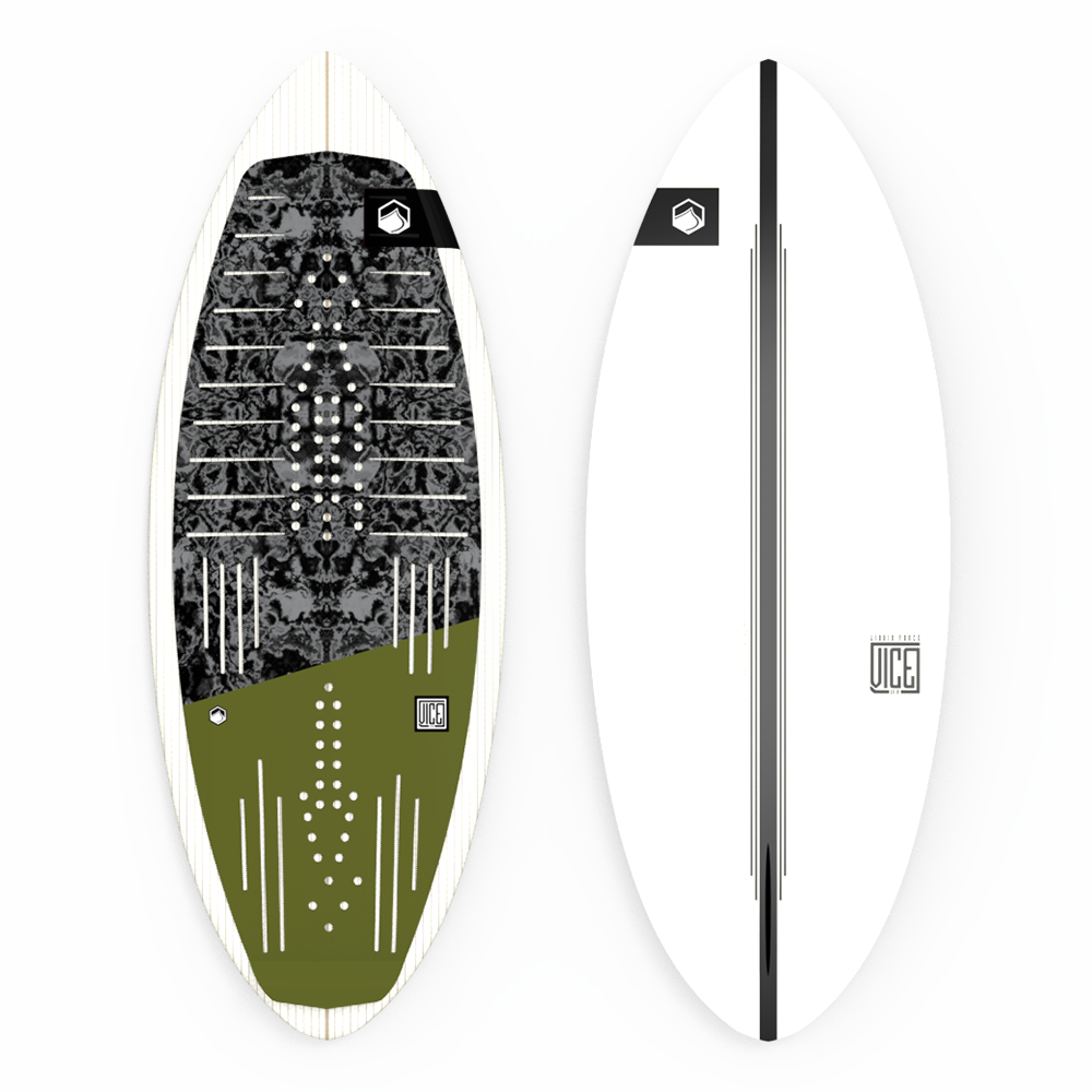 A Liquid Force 2024 Vice Wakesurf Board, with a black and white design, featuring an EPS foam core and a carbon innegra deck.