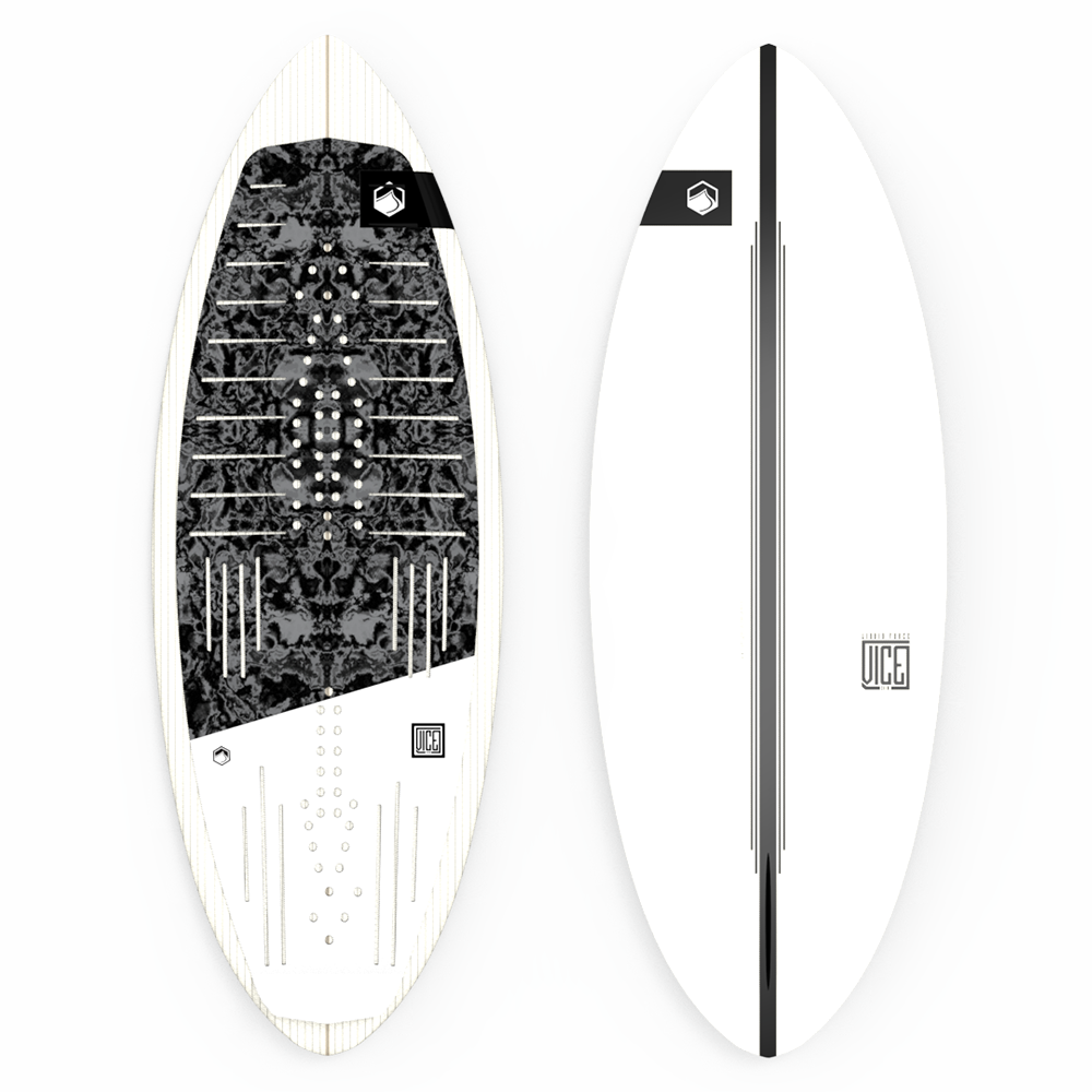 A Liquid Force 2024 Vice Wakesurf Board with an EPS foam core and a black carbon innegra deck on a white surface.