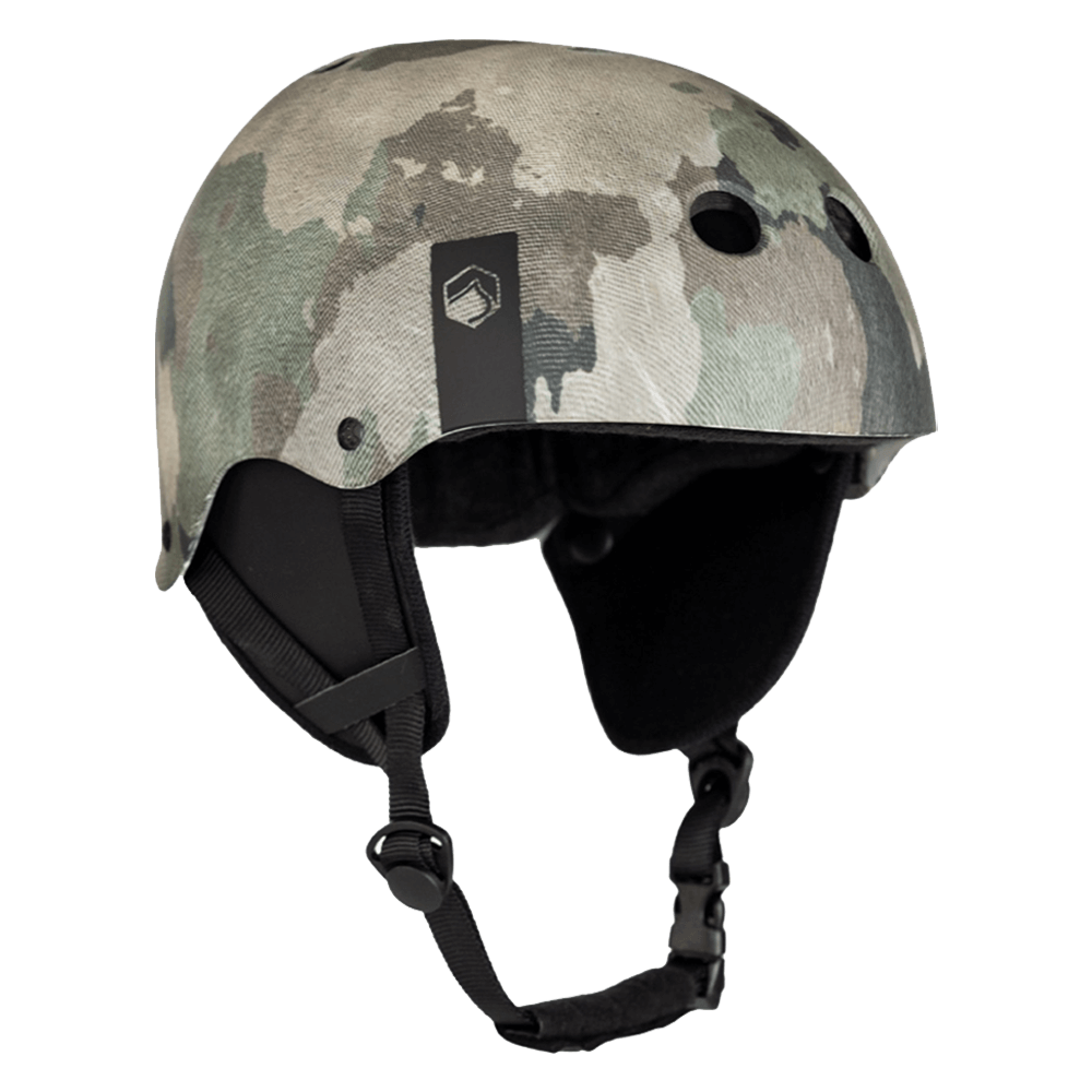 A comfortable and protective Liquid Force Flash Helmet - Canvas Camo on a black background.