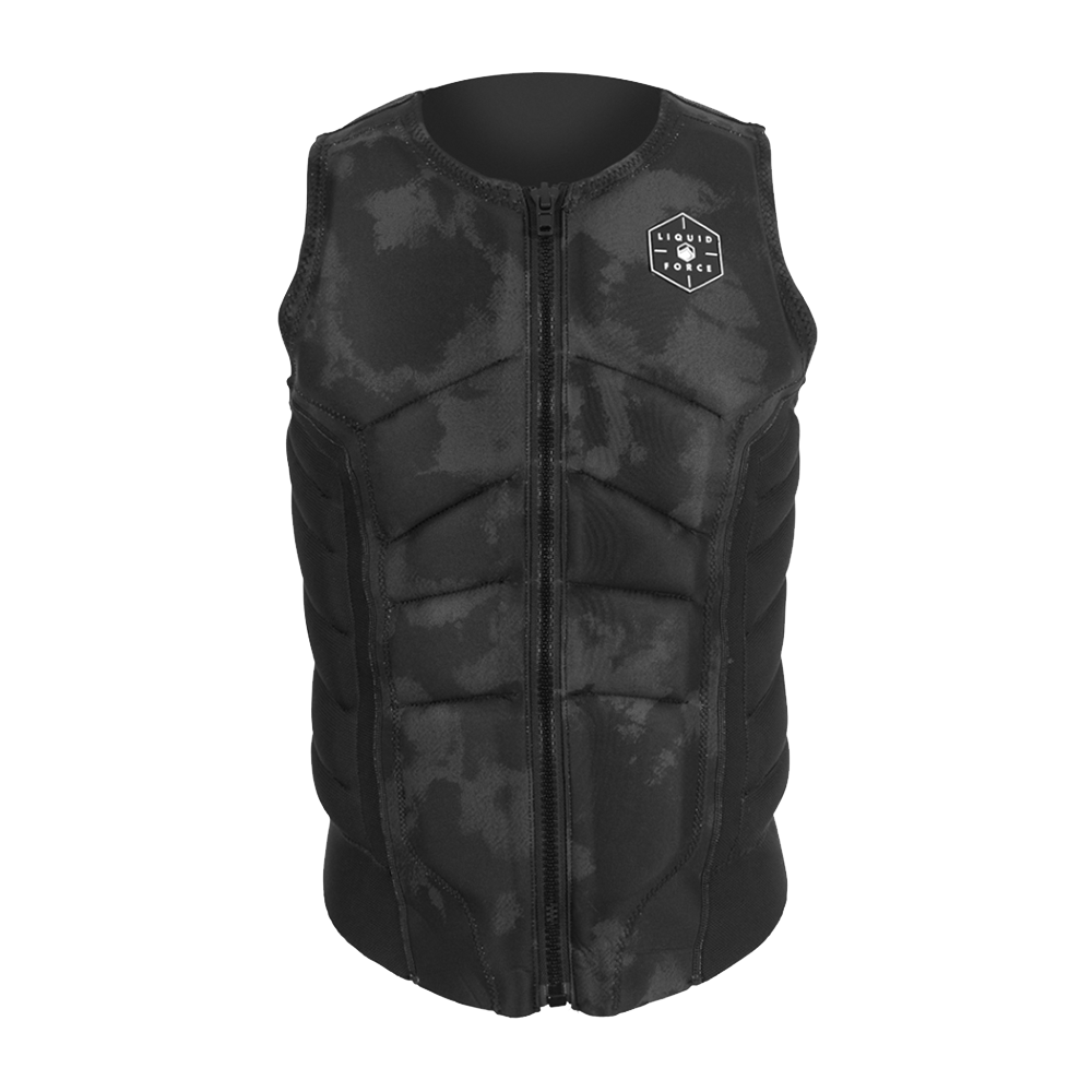 A Liquid Force 2024 Ghost Comp Vest, a lightweight black vest with a camouflage pattern, providing both comfort and style.