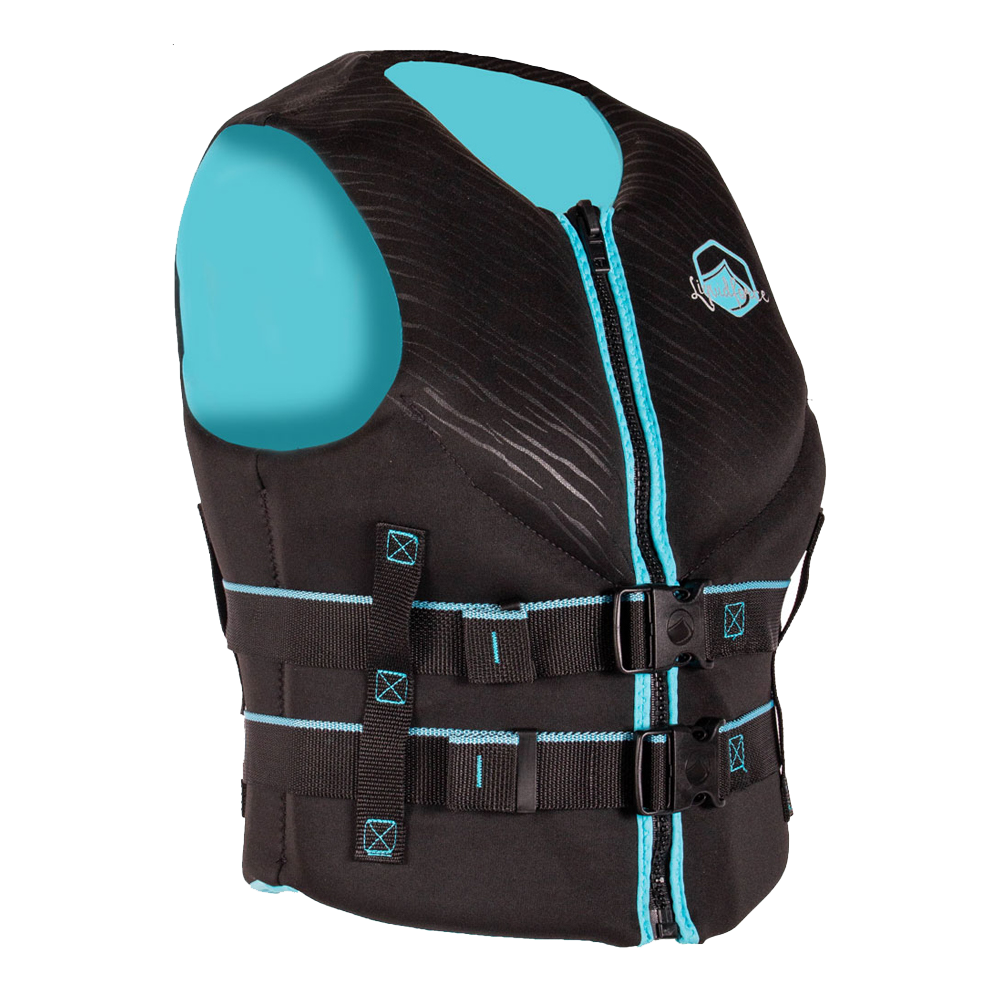 A Liquid Force women's life jacket for water sports activities with blue and black accents.