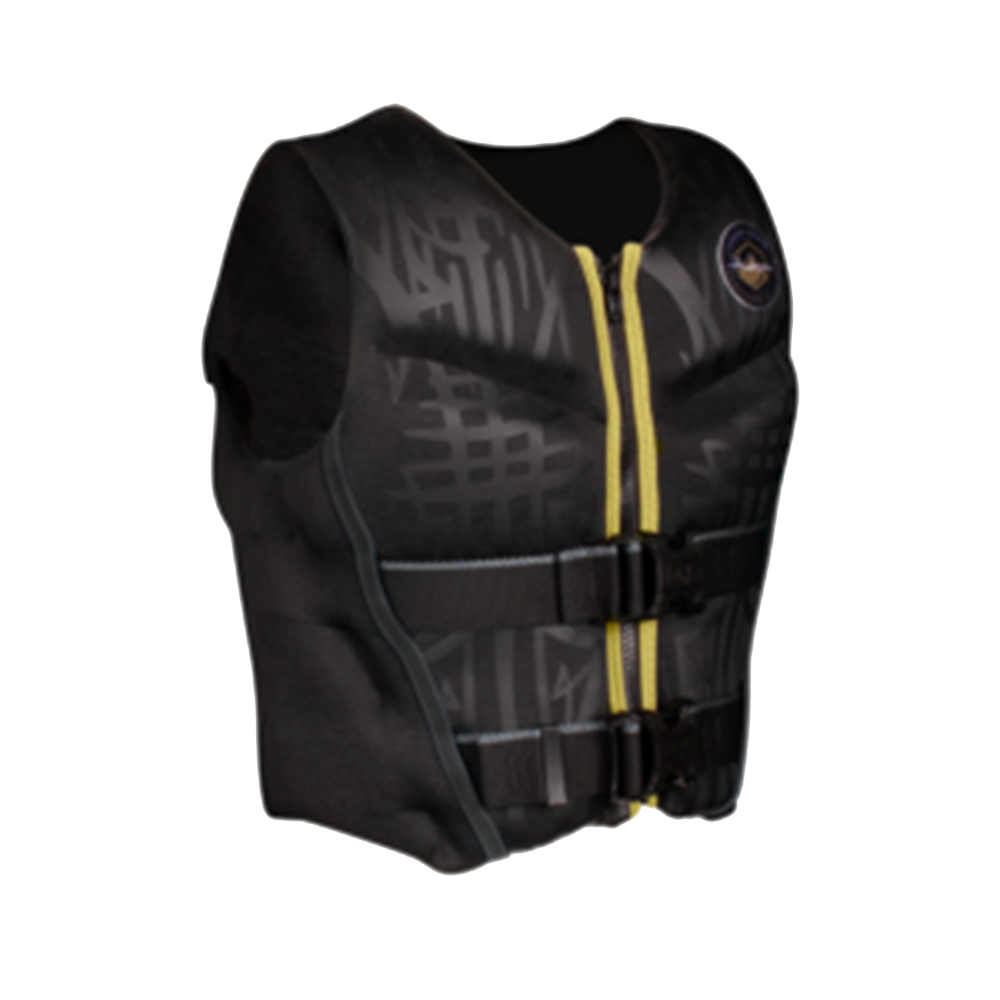 A lightweight Liquid Force Ruckus Hudson Youth CGA Vest with Coast Guard Approved yellow zippers.