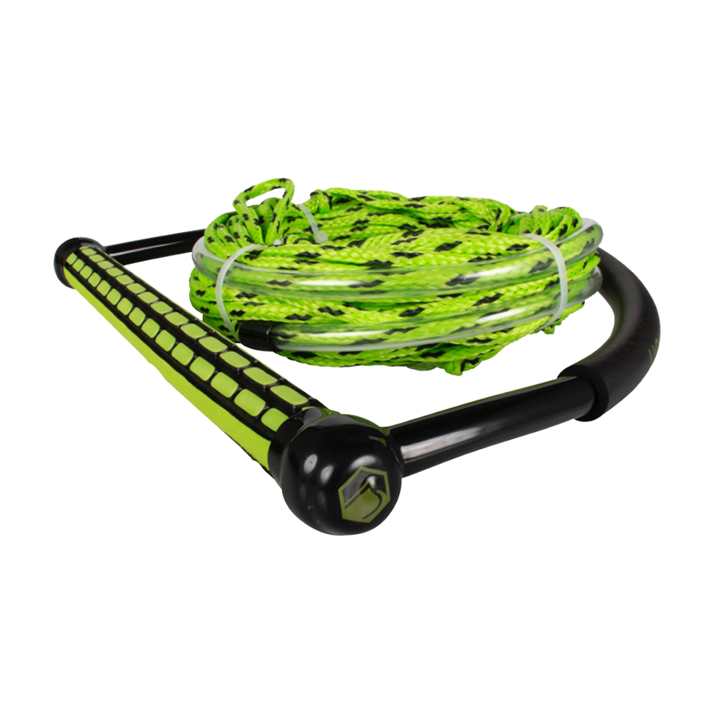 A Liquid Force TR9 Combo - Green rope with a black handle.