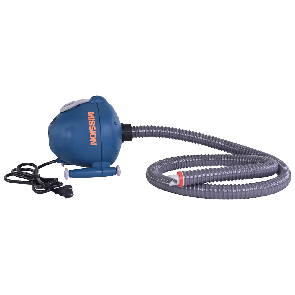 A MISSION 120V Electric Pump 3.6psi for inflatables with a hose attached to it.