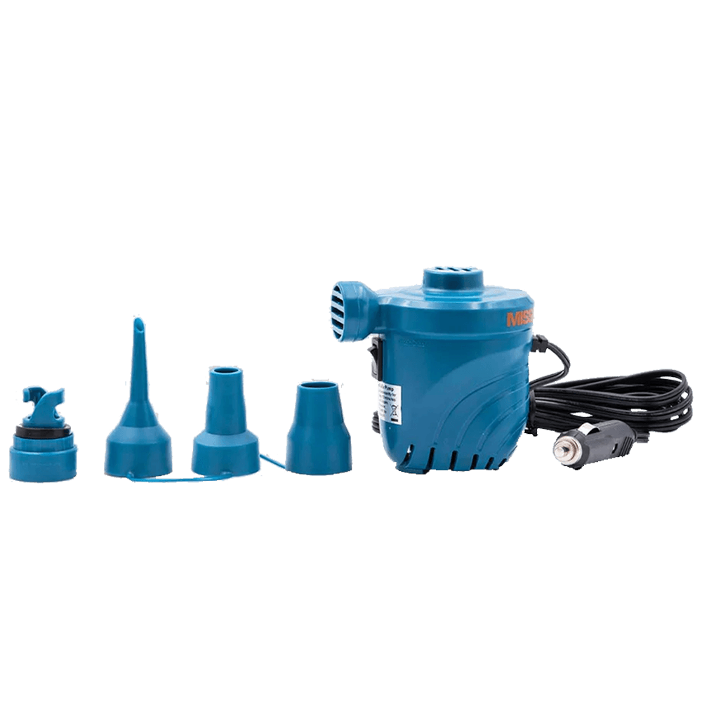 A blue inflatable MISSION water pump with hoses and plugs, powered by a MISSION 12V accessory power adapter.