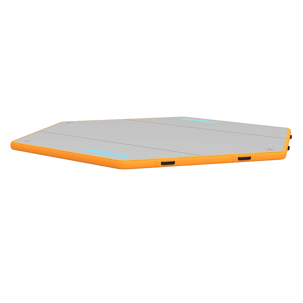 A MISSION Reef Hex 112 Inflatable Water Mat (11.5' x 13' x 4") in orange and grey, set against a sleek black background.