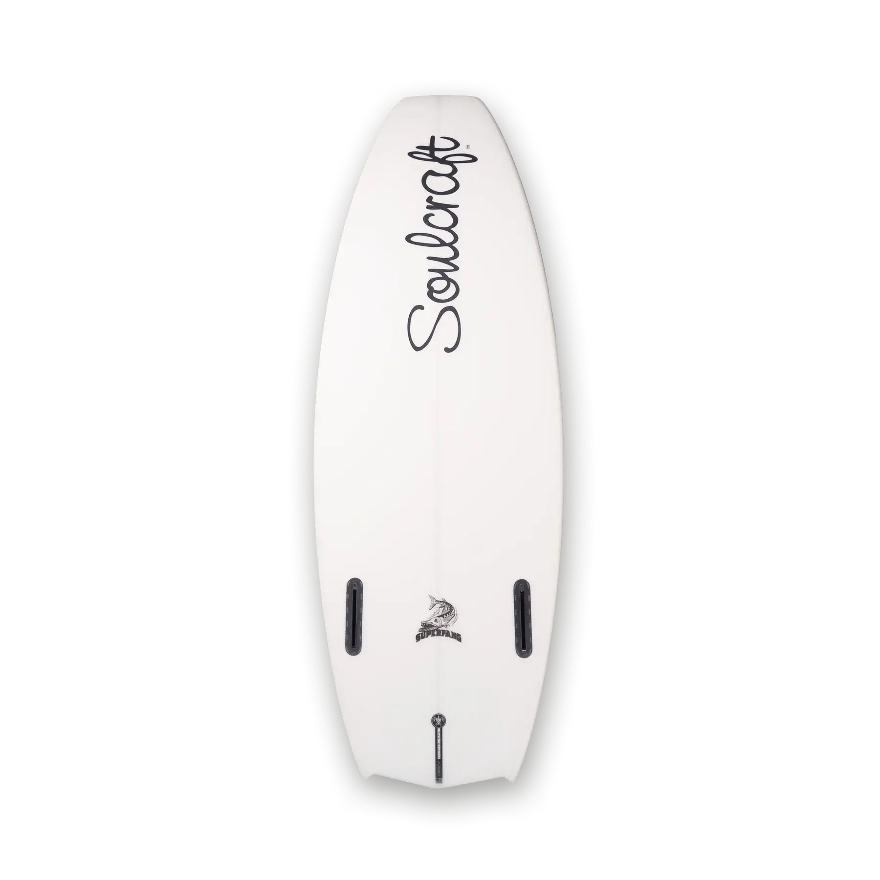 A Soulcraft SuperFang Wakesurf Board with a black logo on it.