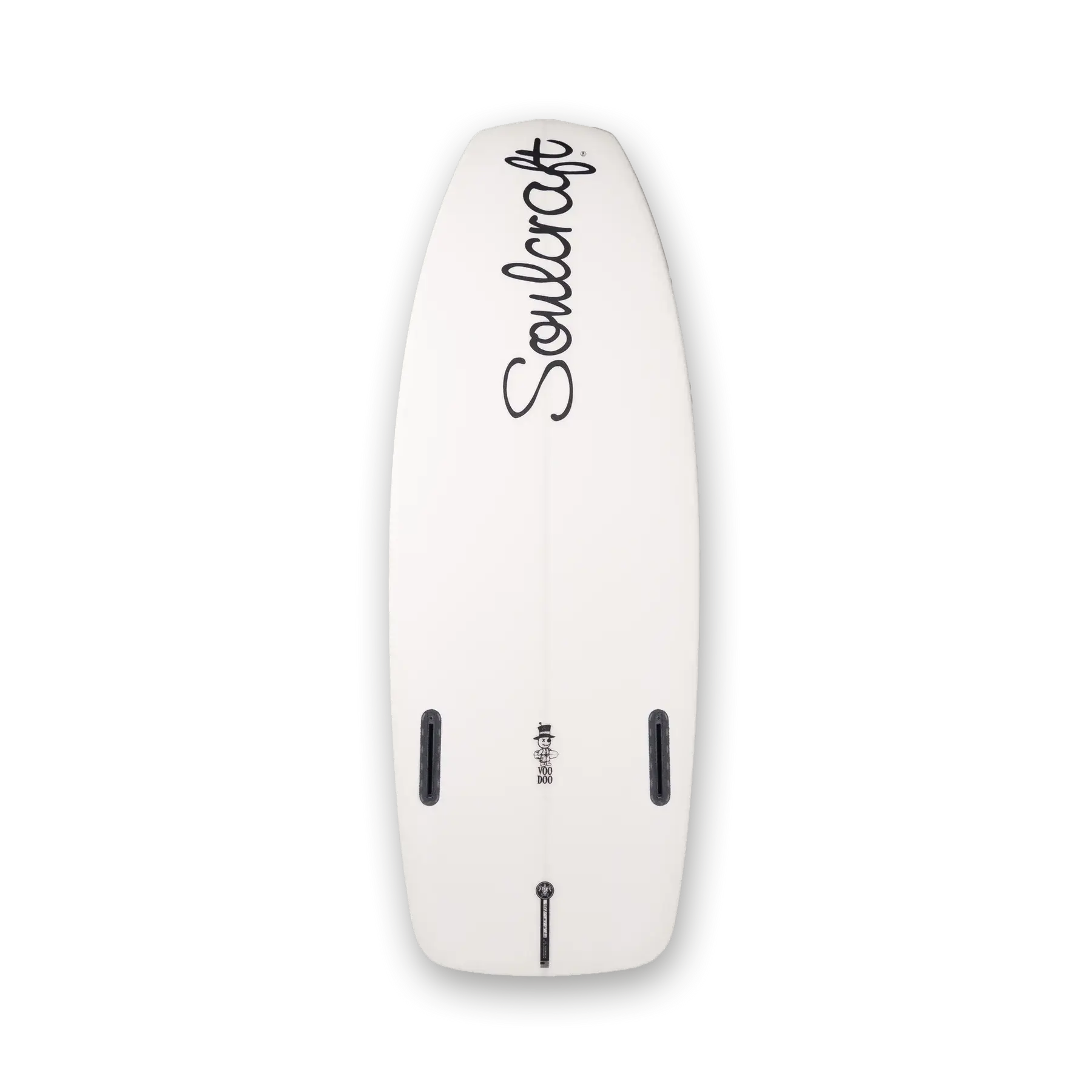 A fast white Soulcraft Voodoo Wakesurf Board, showcasing the expertise of a Soulcraft rider, set against a sleek black background.