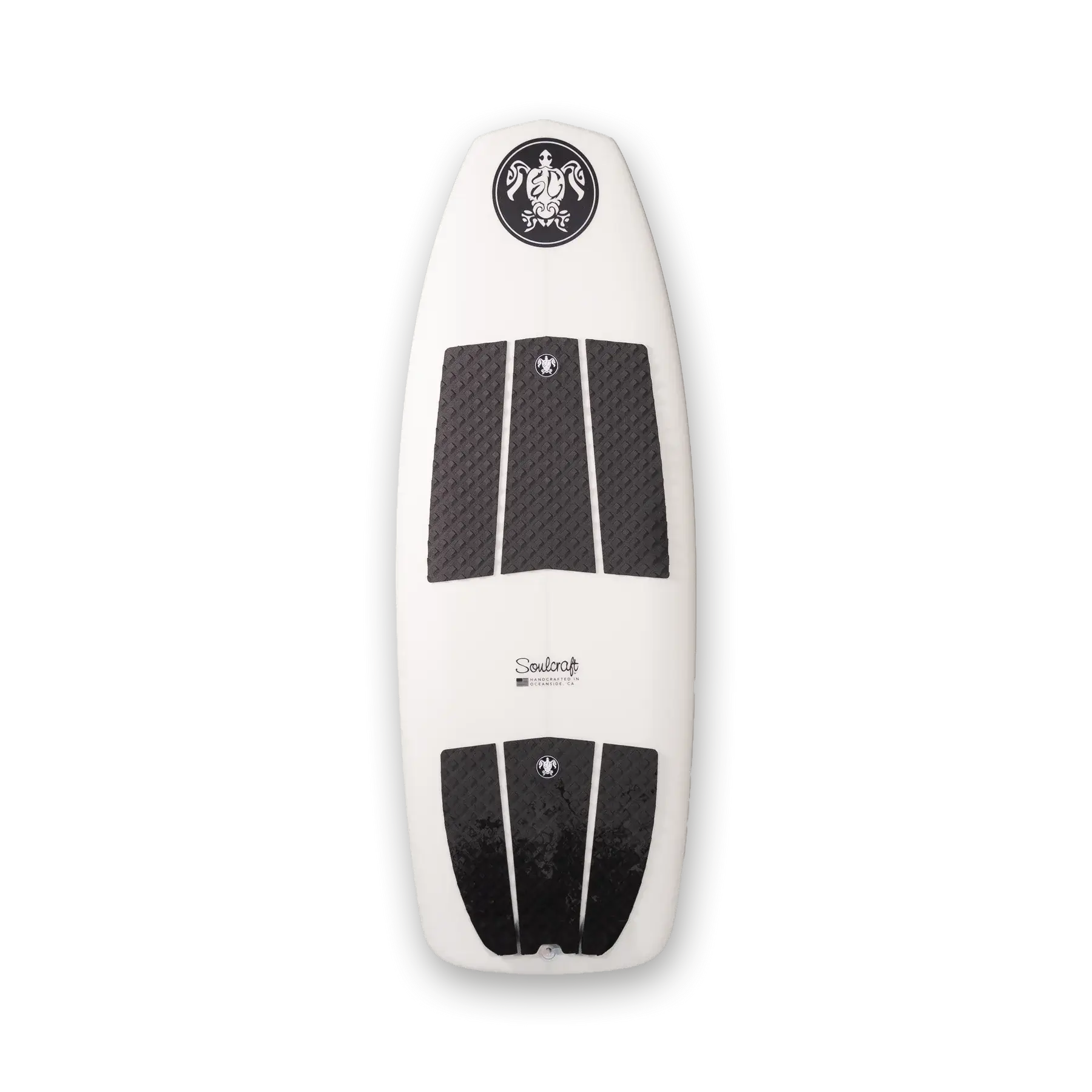A fast board - the Soulcraft Voodoo Wakesurf Board by Soulcraft, featuring a stylish white and black design, set against a sleek black background.