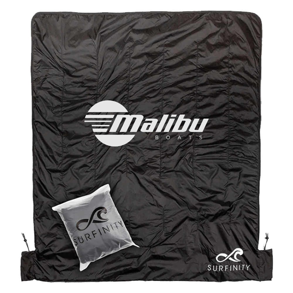 A black Malibu/Axis Heated Boat Blankets by Surfinity bag, perfect for boating hours.